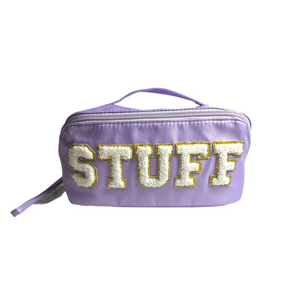 Lavender “STUFF” Cosmetic Bag Chenille Letter Makeup Organizer - Picture 8 of 10